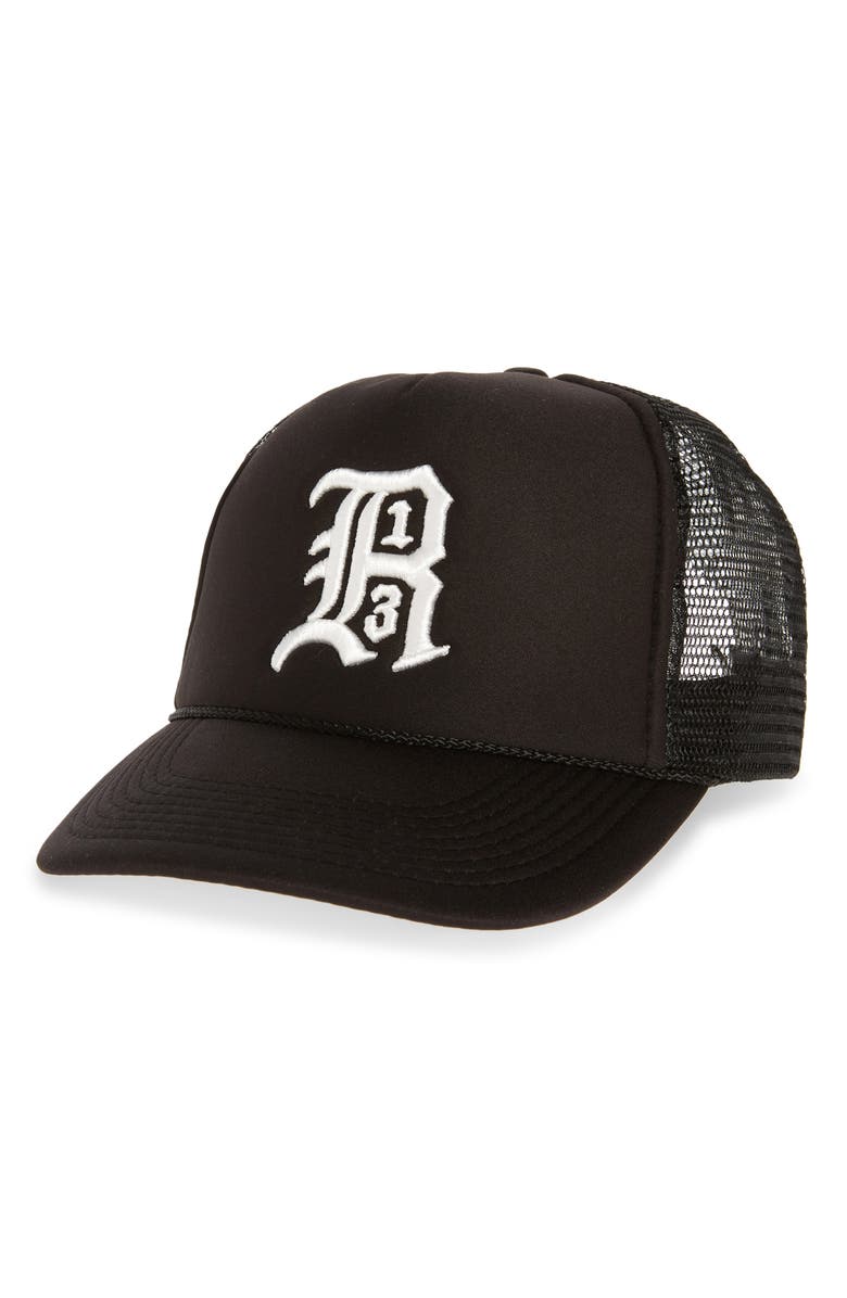R13 Logo Trucker Hat, Main, color, Black