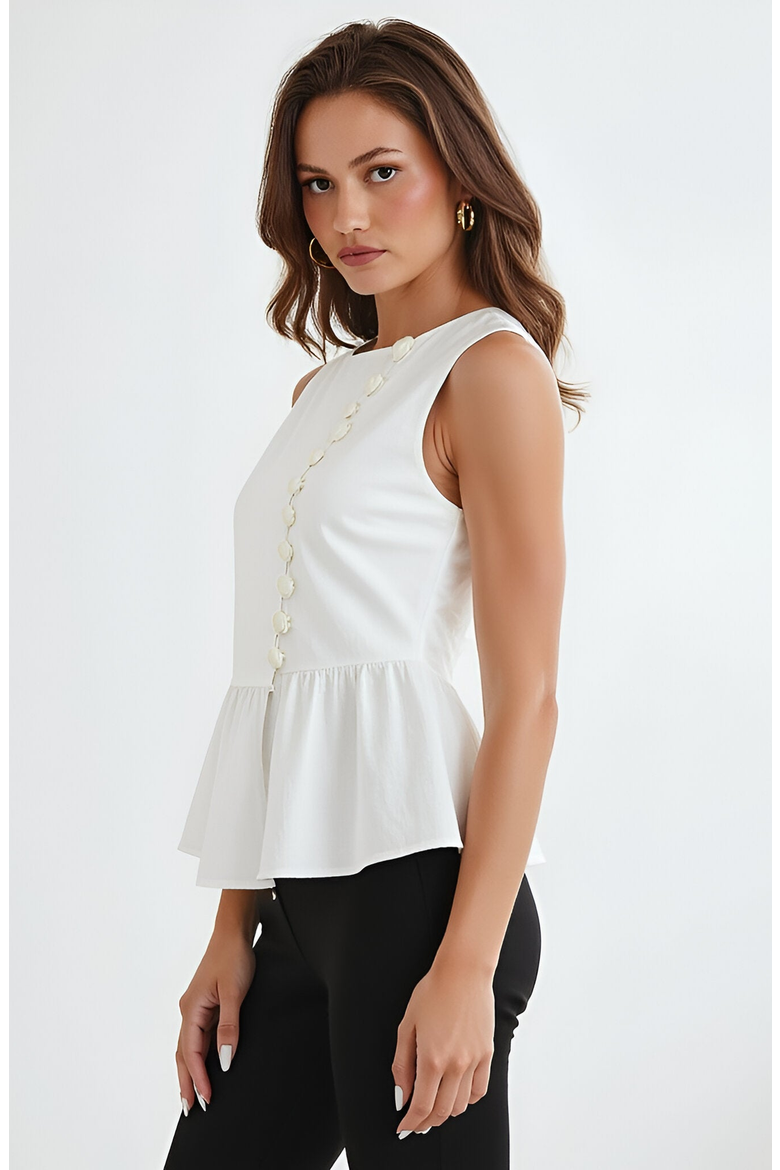 Sleeveless Peplum Top with Asymmetric Pearl Button Front, Alternate, color, White