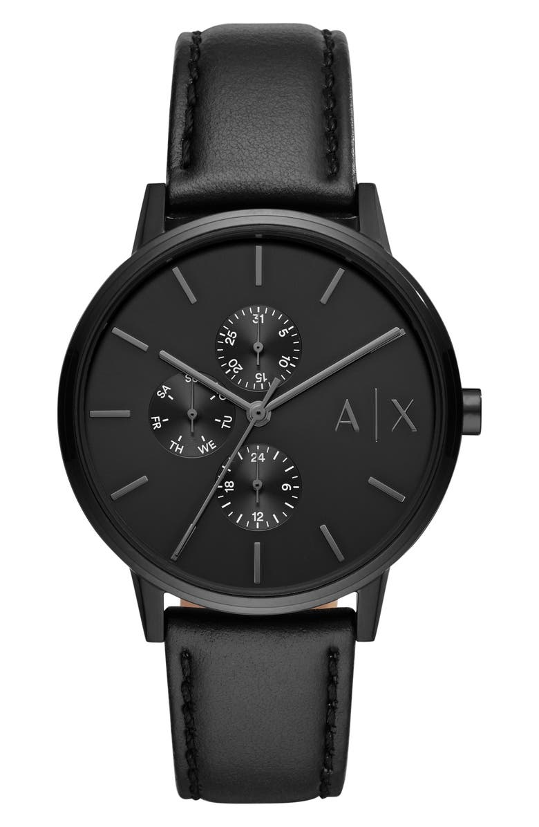 AX Armani Exchange Leather Strap Watch, 42mm, Main, color, Black