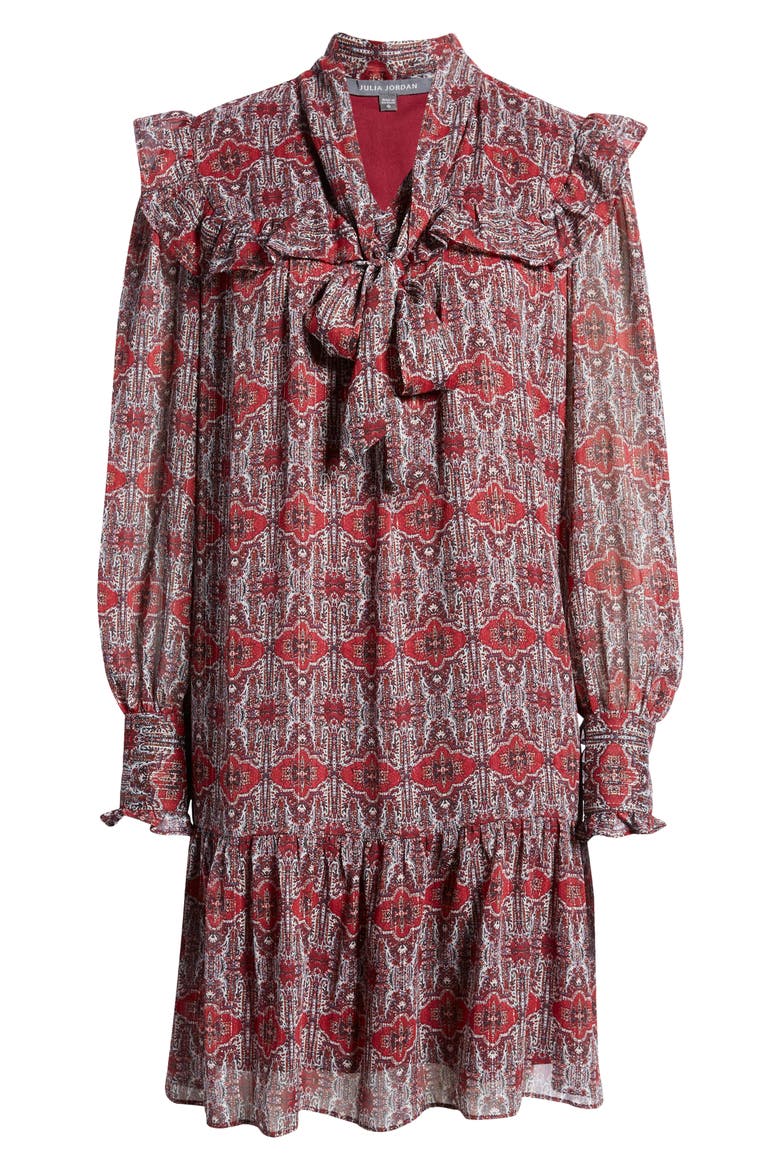 Ruffle Yoke Tie Neck Long Sleeve Dress, Alternate, color, RED MULTI