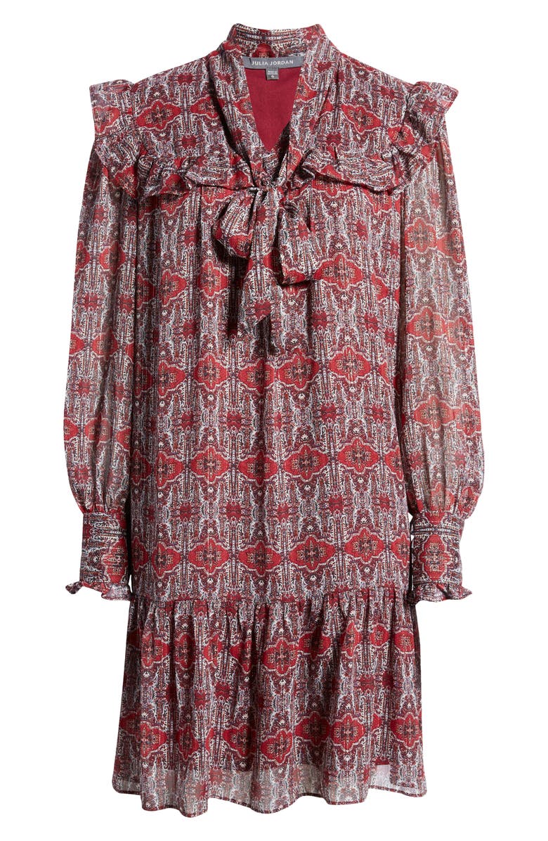 Julia Jordan Ruffle Yoke Tie Neck Long Sleeve Dress, Alternate, color, Red Multi