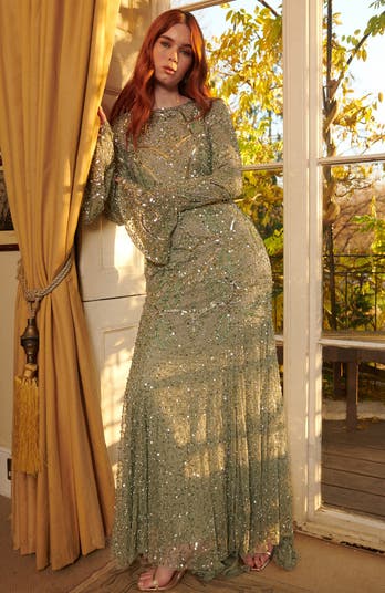 Occasion Modest Embellished Sequin Beaded Cape Sleeves Evening Maxi Dress