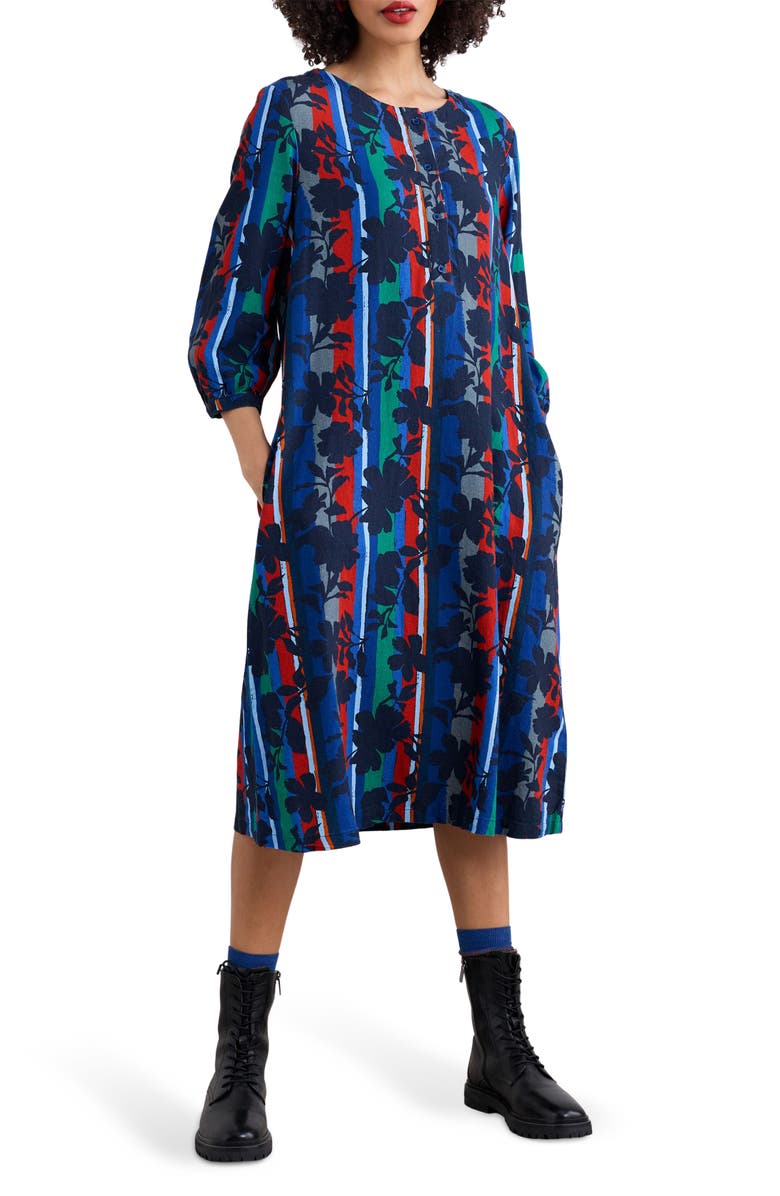 Seasalt Cornwall Sea Call Floral Stripe Linen Blend Midi Dress, Main, color, Camellia Stripe Ink