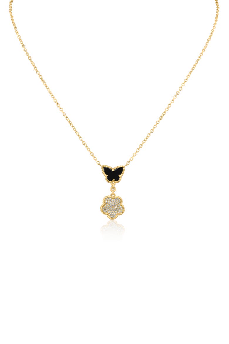 CZ Pavé Butterfly & Clover Drop Pendant Necklace, Main, color, BLACK/GOLD