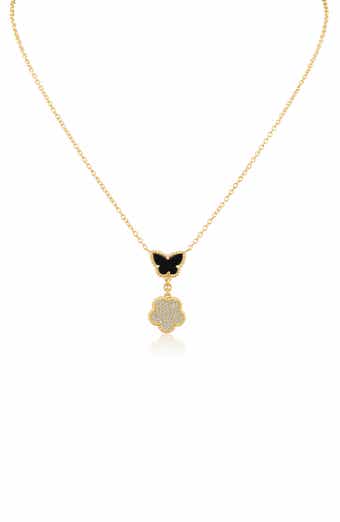 CZ by Kenneth Jay Lane CZ Pavé Butterfly & Clover Drop Pendant Necklace