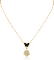 CZ by Kenneth Jay Lane CZ Pavé Butterfly & Clover Drop Pendant Necklace