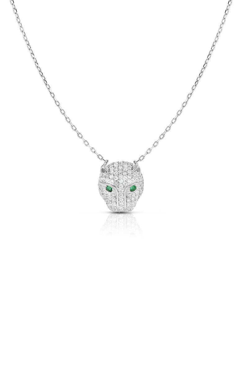 SPHERA MILANO Rhodium Plated Sterling Silver Pave CZ Panther Pendant Necklace, Main, color, Silver