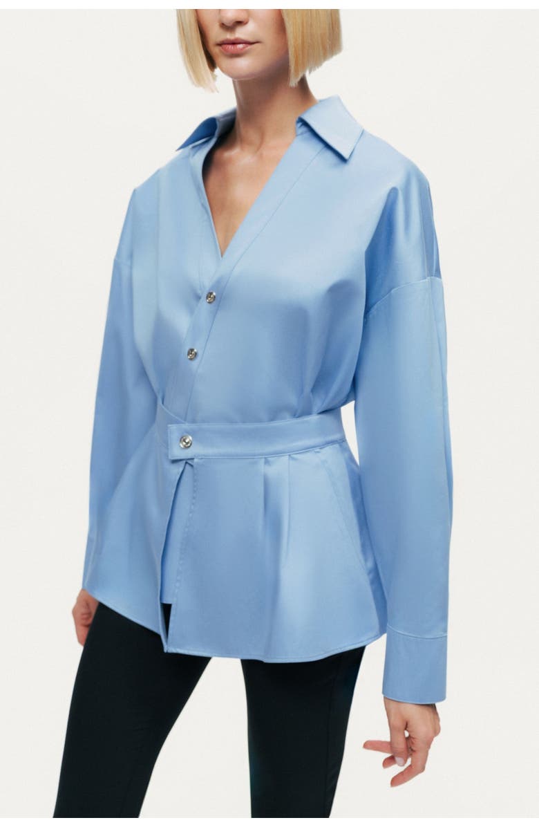 Nocturne Belted V-Neck Poplin Shirt, Alternate, color, Blue
