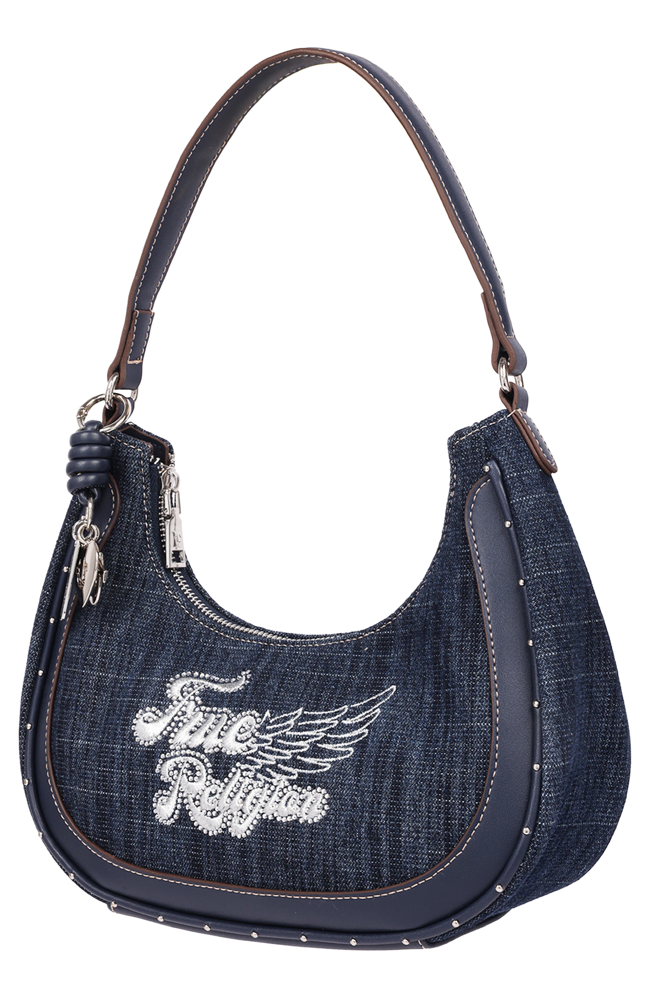 True Religion Wing Motif Denim Hobo Bag, Alternate, color, Navy