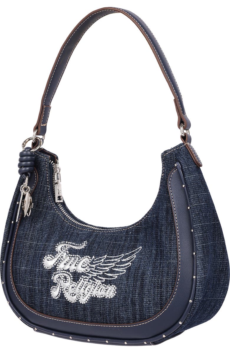 True Religion Wing Motif Denim Hobo Bag, Alternate, color, Navy