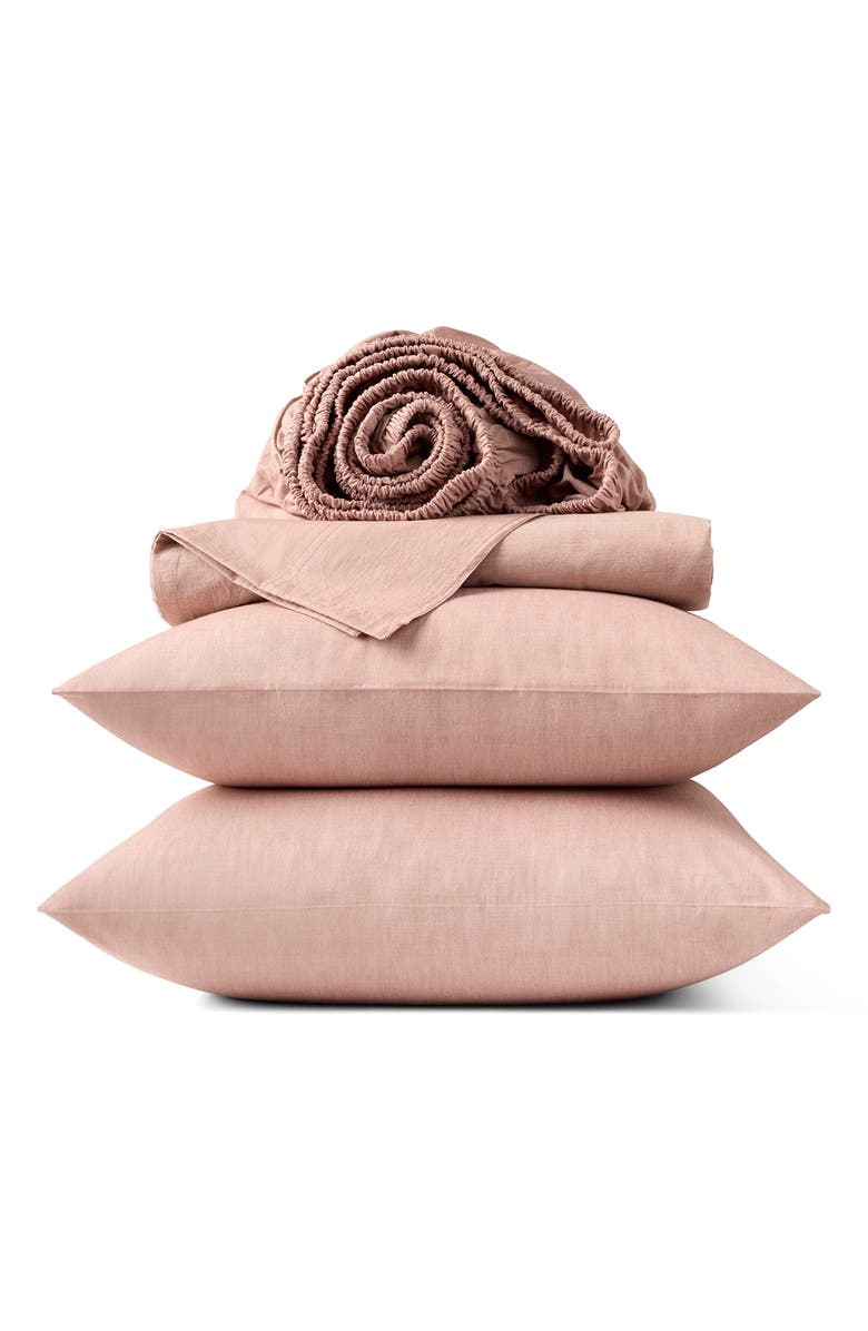 Coyuchi Crinkled Organic Cotton Percale Sheet Set, Main, color, Praline Chambray