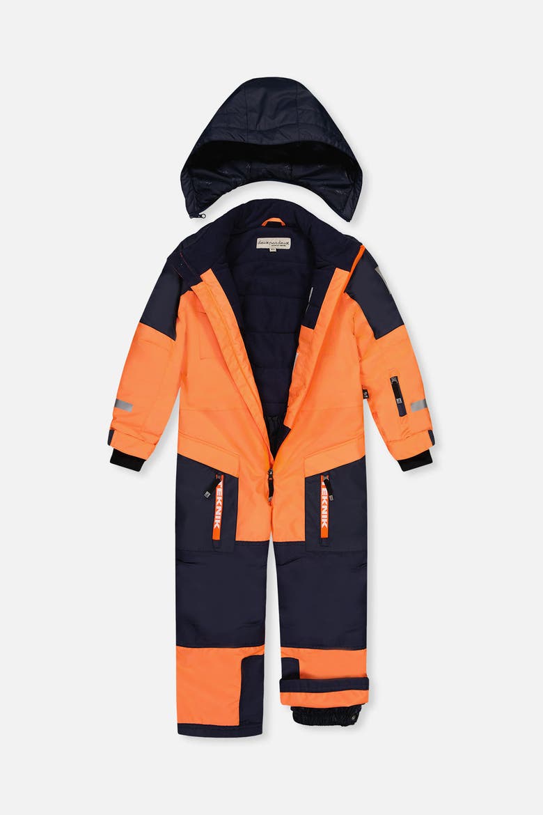 Teknik Fleece Lined & Reinforced Knees One Piece Snowsuit, Alternate, color, Bright Orange and Blue