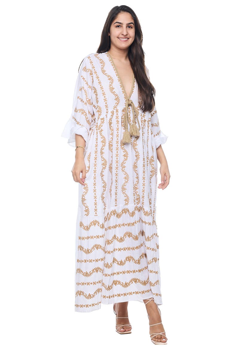 Plunge Neck Cotton Caftan Dress, Alternate, color, WHITE