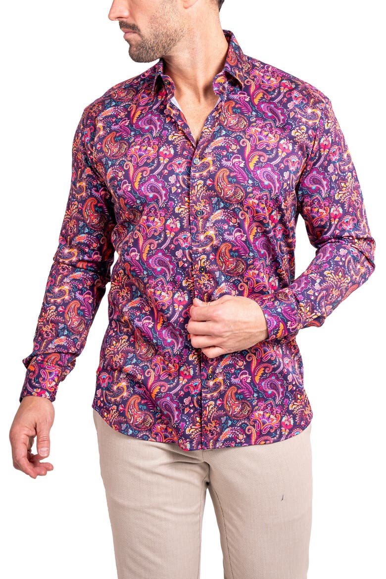 Fibonacci Ascension 0263 Paisley Contemporary Fit Button-Up Shirt, Alternate, color, PURPLE/PINK