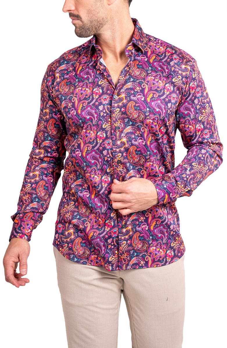 Maceoo Fibonacci Ascension 0263 Paisley Contemporary Fit Button-Up Shirt, Alternate, color, Purple/Pink