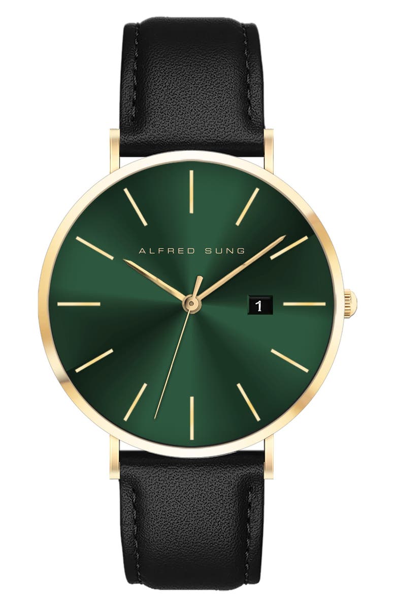 Alfred Sung Metropolitan Leather Strap Watch, 42mm, Main, color, 