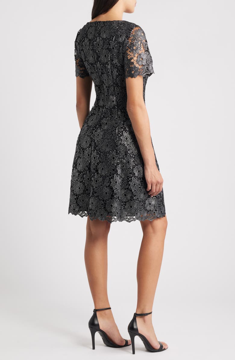 Eliza J Floral Lace Short Sleeve Fit & Flare Dress, Alternate, color, Black Silver