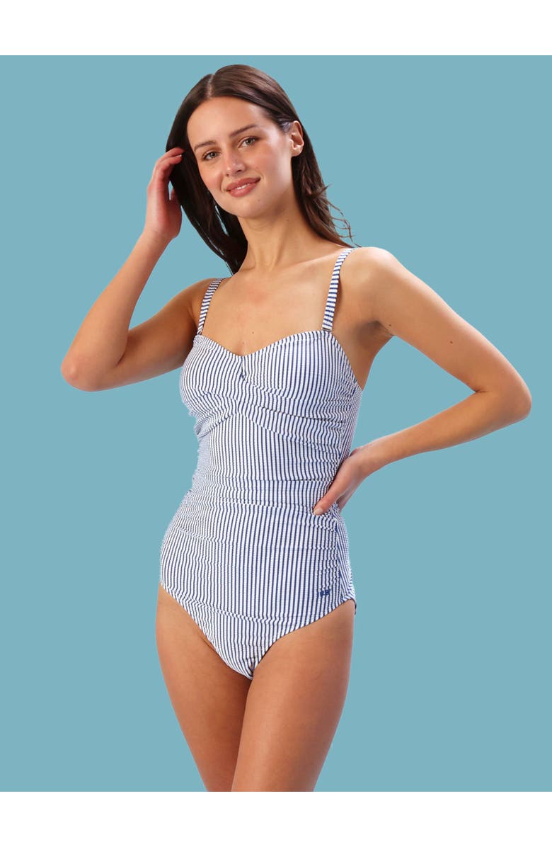 RuffleButts UPF50+ Seersucker Women's Convertible Bandeau One Piece Swimsuit, Alternate, color, Blue Seersucker