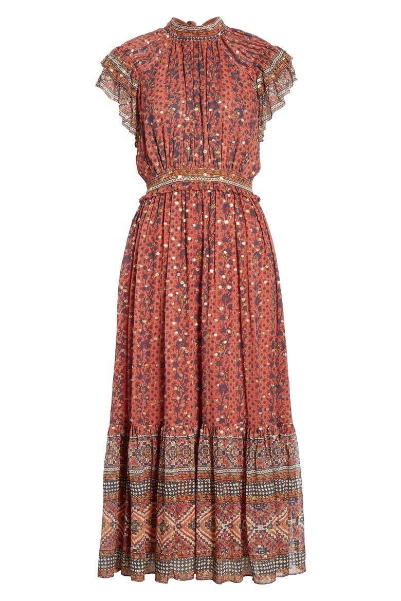 Alastair Jacquard Dot Silk Blend Midi Dress, Alternate, color, BRICK
