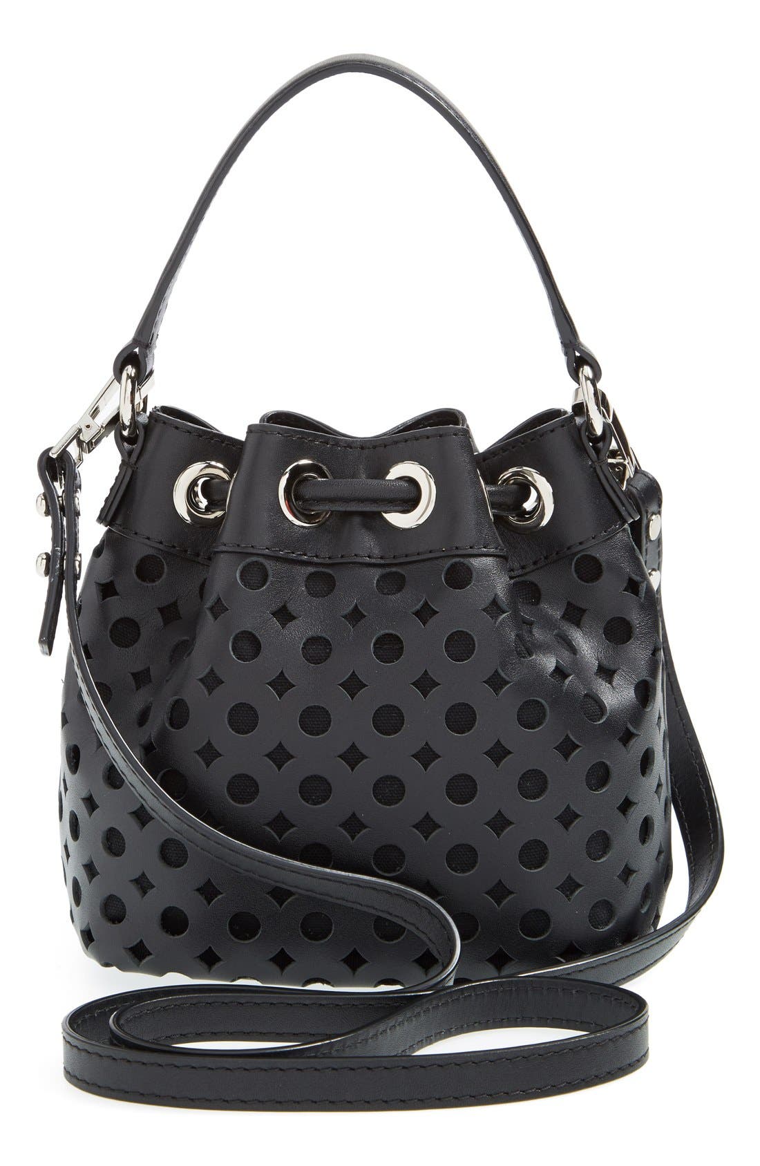 Perforated Leather Bucket Bag, Alternate, color, BLACK