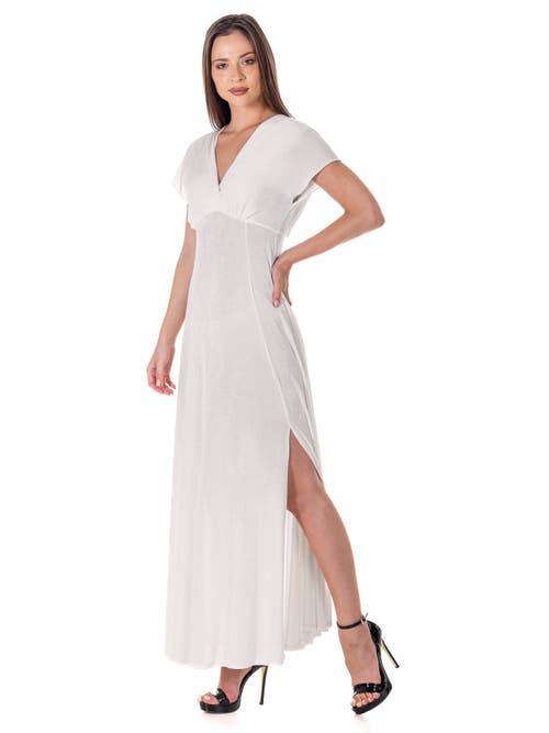 24seven Comfort Apparel Womens Flutter Sleeve Metallic Knit Maxi Dress Front Slit Empire Waist In White
