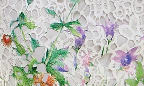 Nina Leonard Floral Border Elbow Sleeve Lace Sheath Dress In White Multi