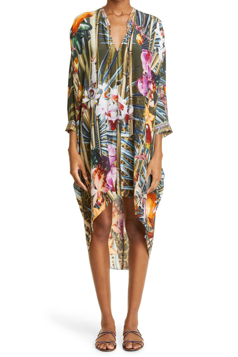 Passport to Paradise Tropical Print Silk Dress, Main, color, PASSPORT TO PARADISE