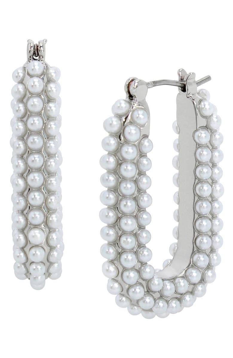 AllSaints Faux Pearl Oval Hoop Earrings, Main, color, White/ Rhodium