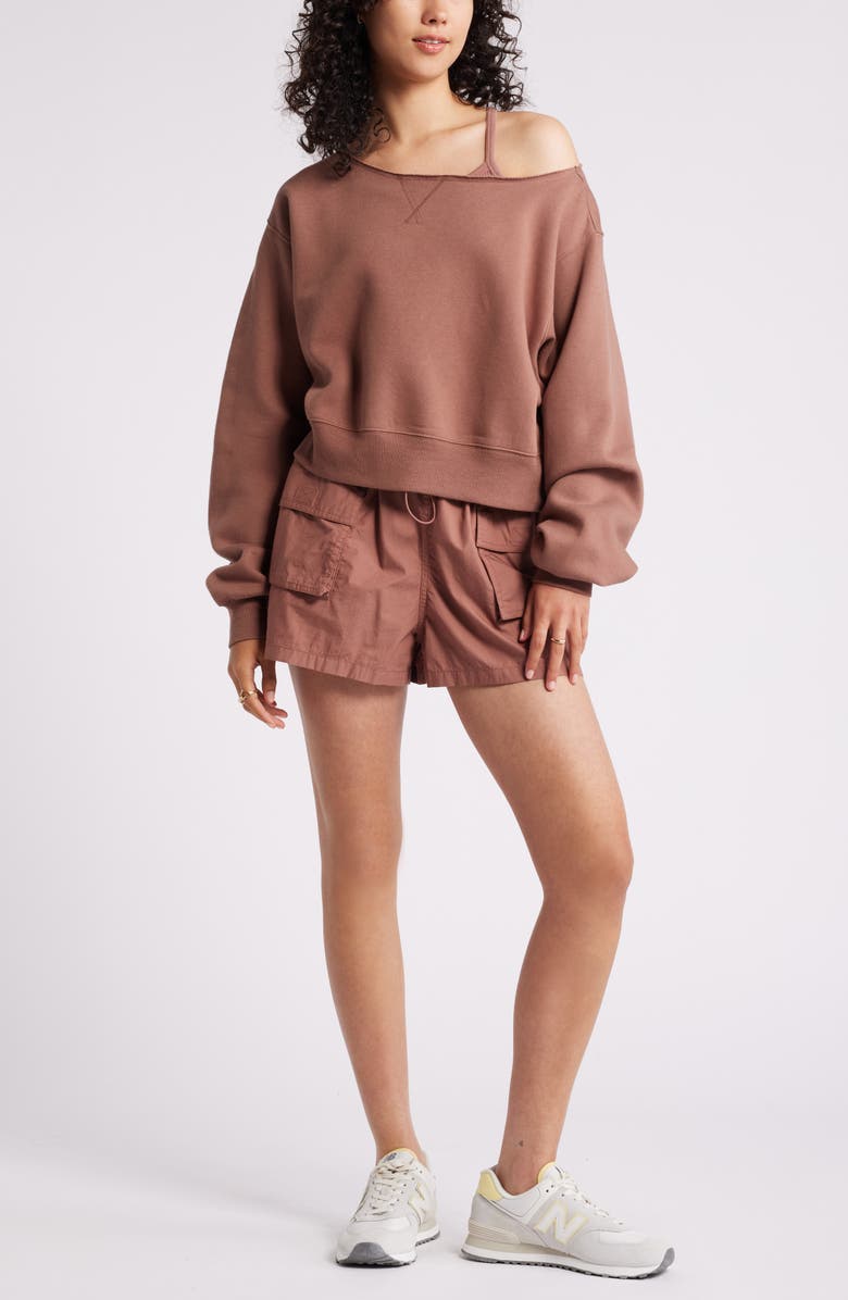 BP. Fleece Detail Off the Shoulder Sweatshirt, Alternate, color, Brown Topaz