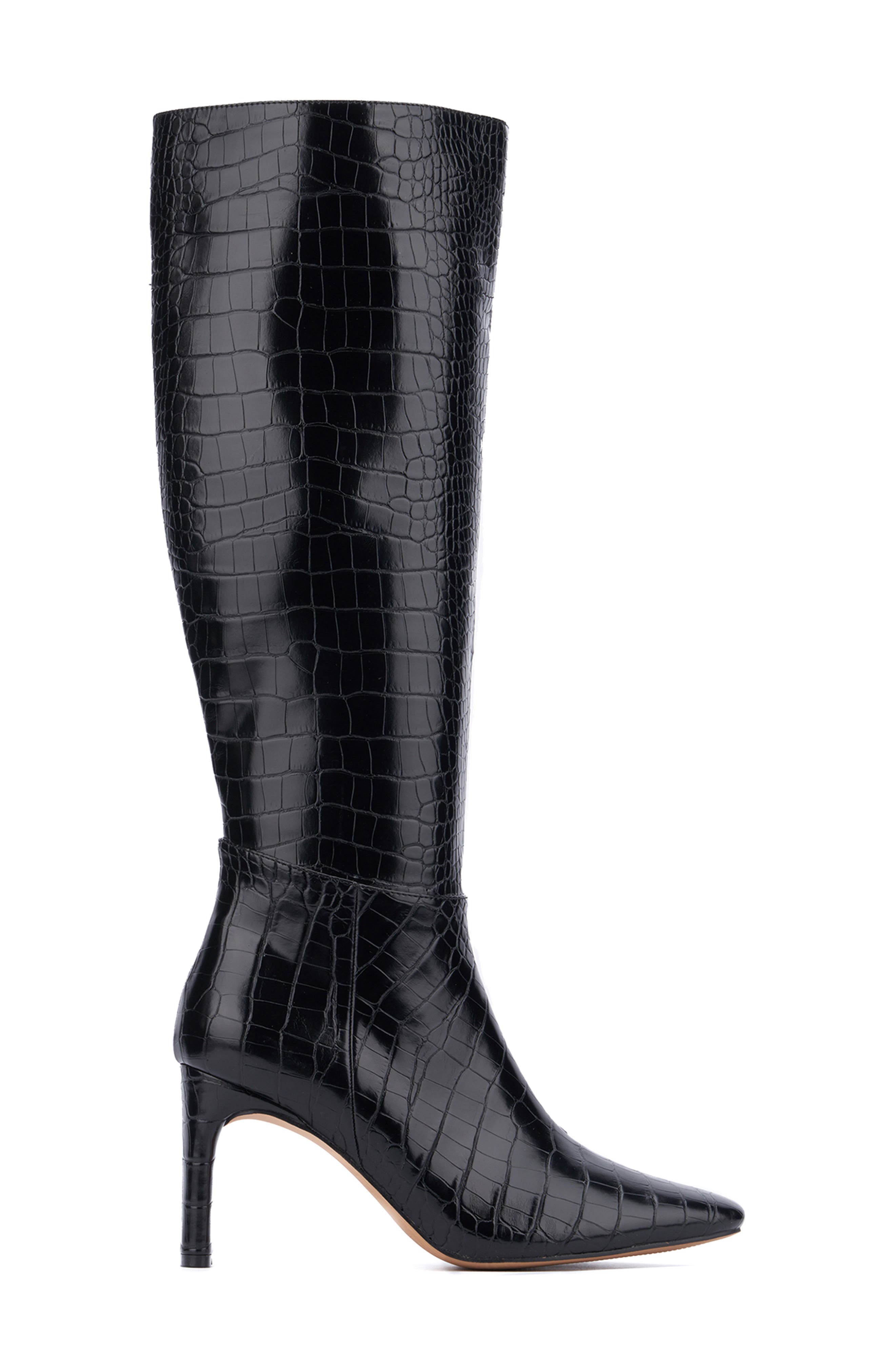 NEW YORK AND COMPANY Isabelle Croc Embossed Knee High Boot, Alternate, color, Black Croc