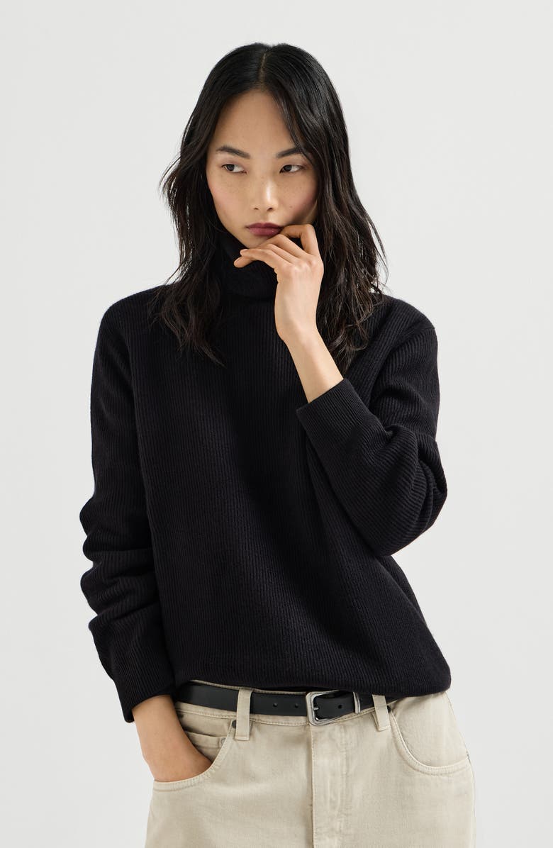 Brunello Cucinelli Cashmere English rib sweater, Alternate, color, Black