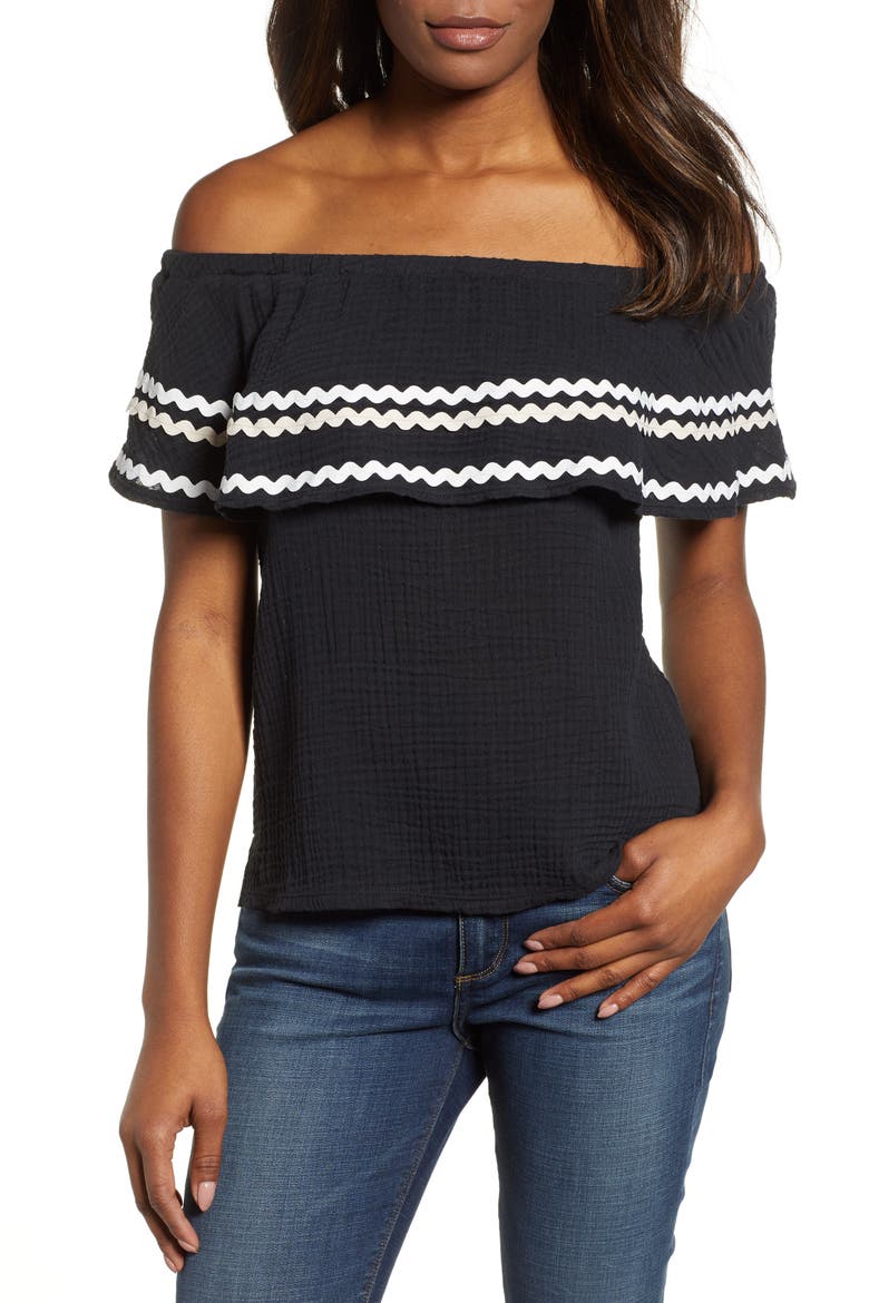 Gibson x Hi Sugarplum! Santa Fe Rickrack Off the Shoulder Top (Nordstrom Exclusive), Main, color, BLACK