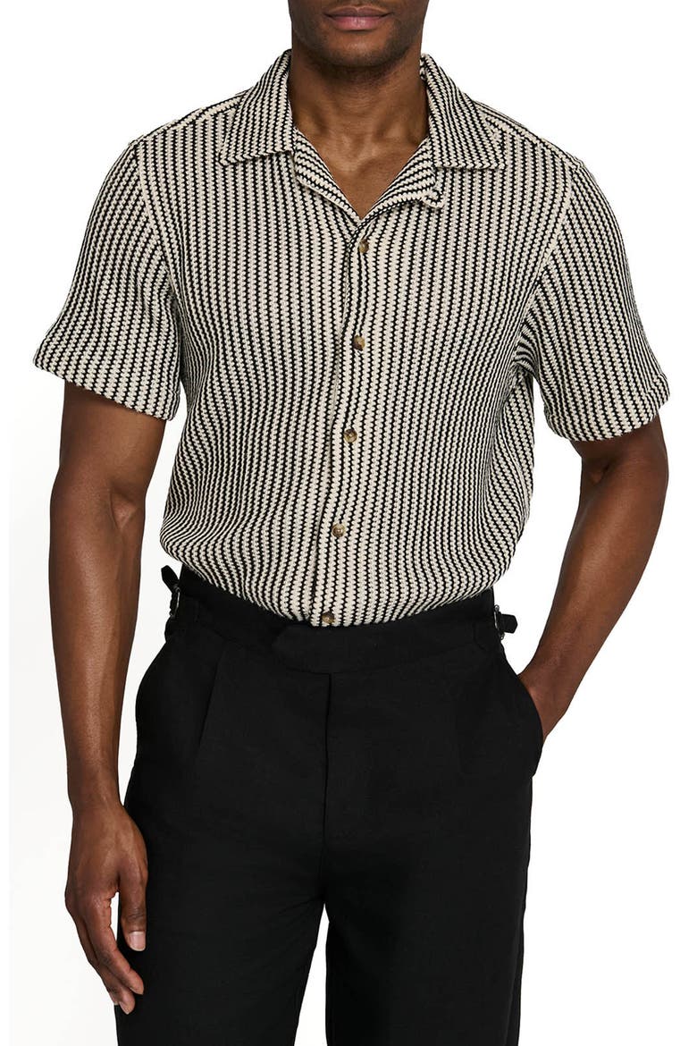 Bedford Striped Crochet Camp Shirt, Main, color, BLACK/BROWN