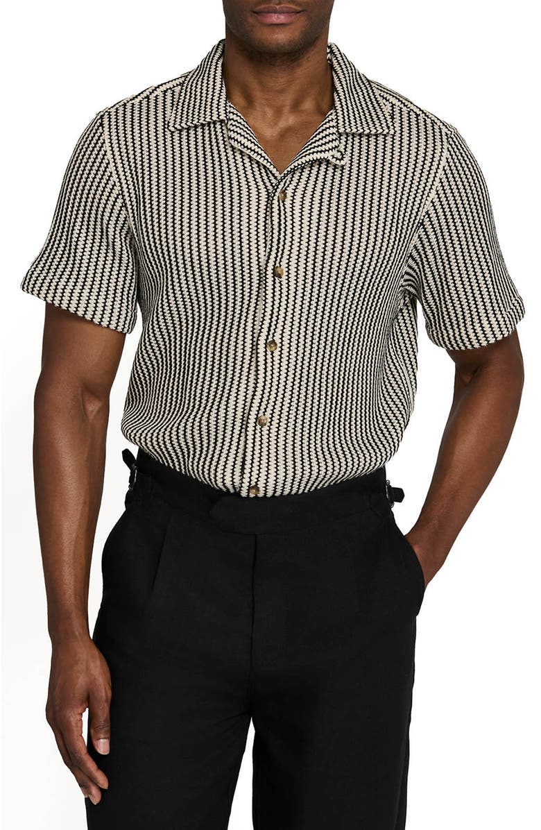 Brooklyn Brigade Bedford Striped Crochet Camp Shirt, Main, color, Black/Brown
