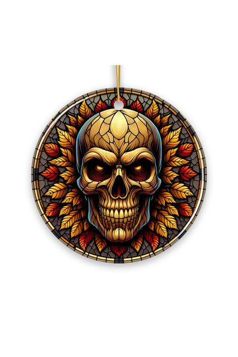 Haunting Skull And Leaves Stained Glass Style Ornament