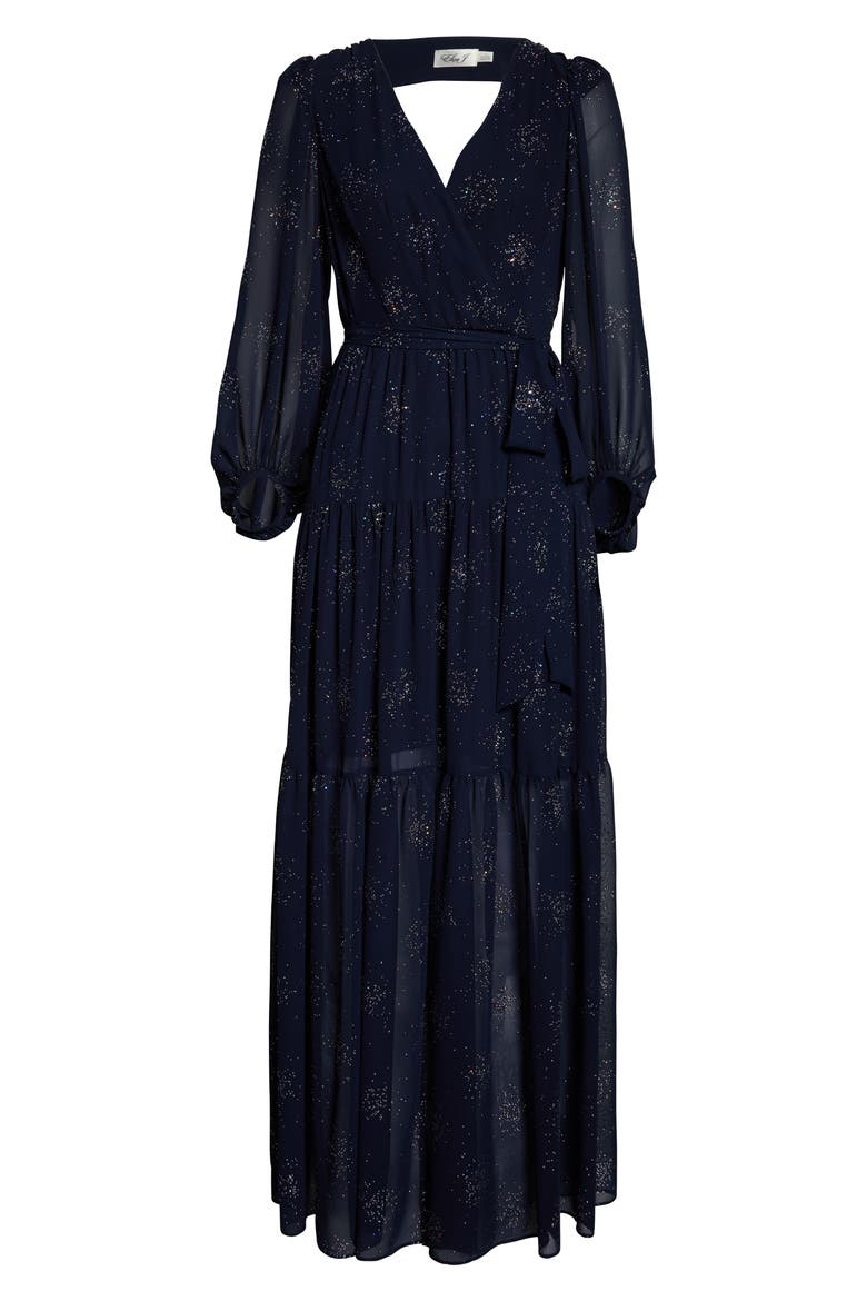 Long Sleeve Glitter Chiffon Maxi Dress, Alternate, color, NAVY