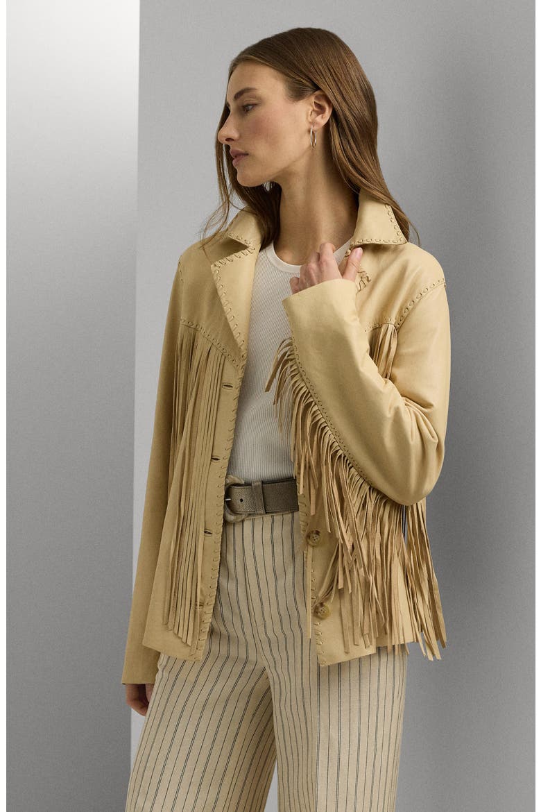 Fringe Trim Lambskin Leather Shirt Jacket, Alternate, color, DESERT CREAM