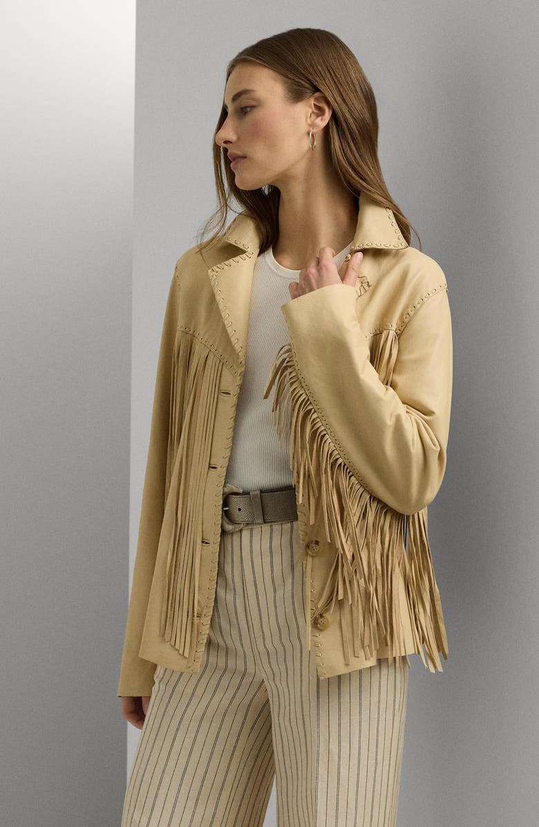 Lauren Ralph Lauren Fringe Trim Lambskin Leather Shirt Jacket, Alternate, color, 
