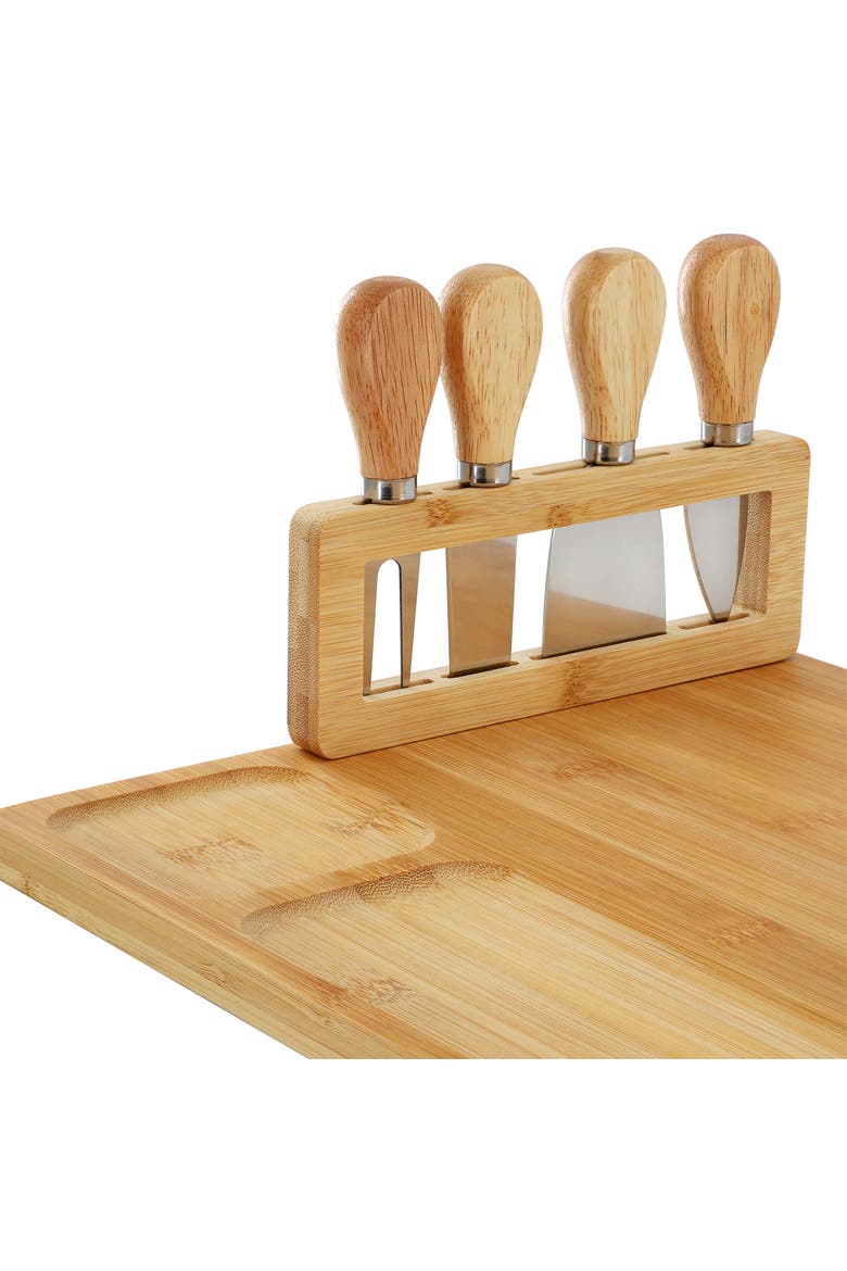 Wood Charcuterie and Cheese Board with Knife Stand Attachment and 4 Piece Knife Set, Alternate, color, Bamboo