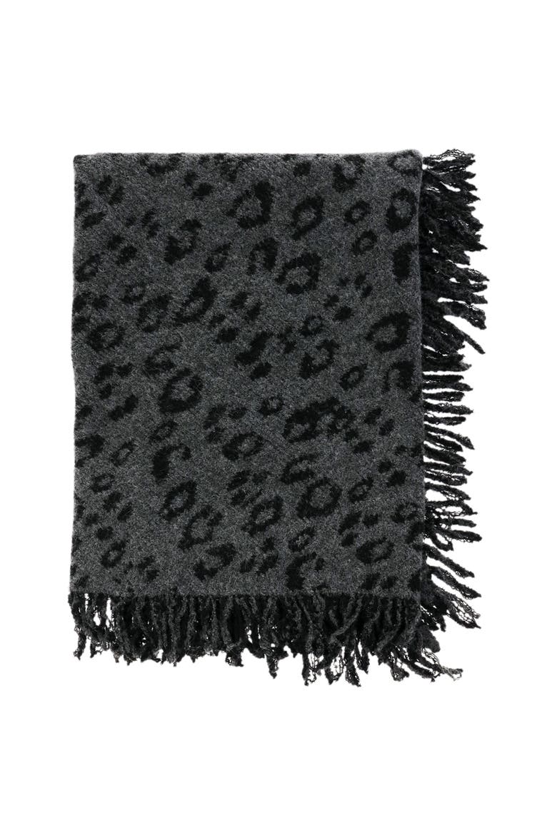 Jacquard Knit Leopard Triangle Scarf with Fringe, Alternate, color, GREY