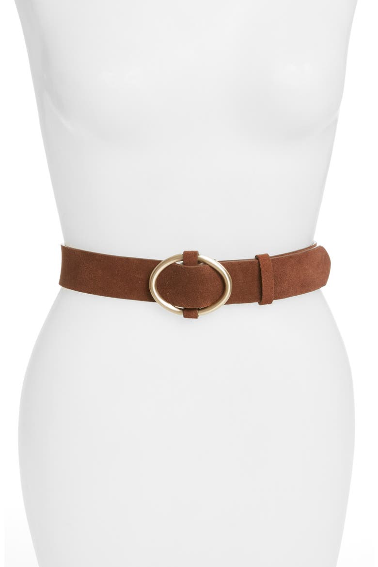 Oval Buckle Suede Belt, Main, color, COGNAC