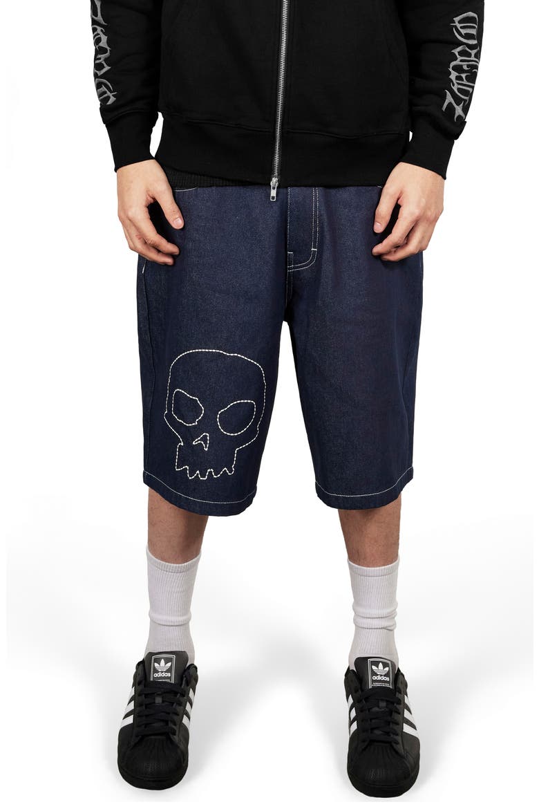 X Zero Skateboards Skull Embroidered Denim Shorts, Main, color, RAW