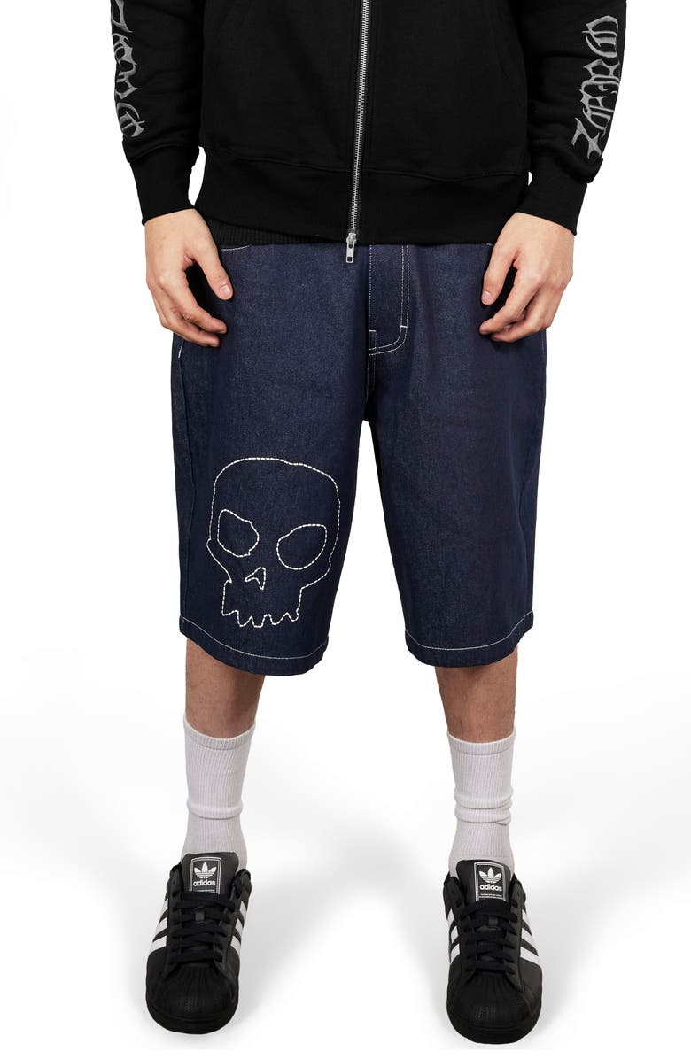 PLEASURES Skull Embroidered Denim Shorts, Main, color, Raw
