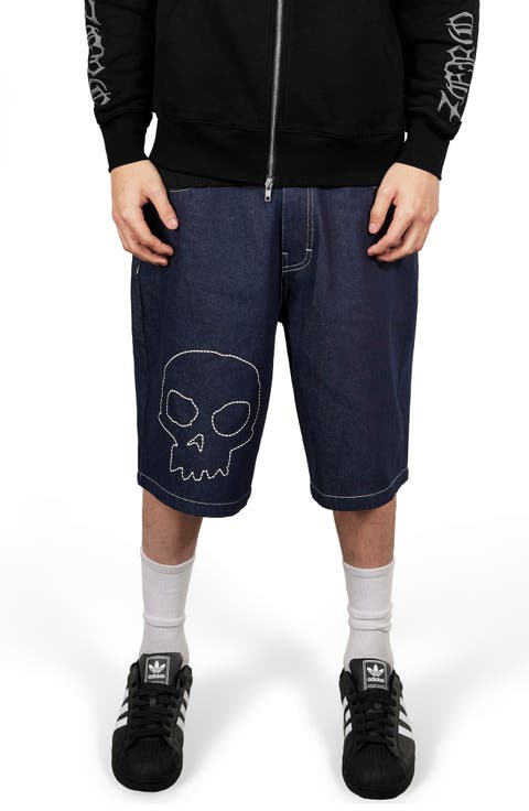 Skull Embroidered Denim Shorts (Raw)