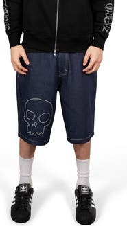 PLEASURES X Zero Skateboards Skull Embroidered Denim Shorts