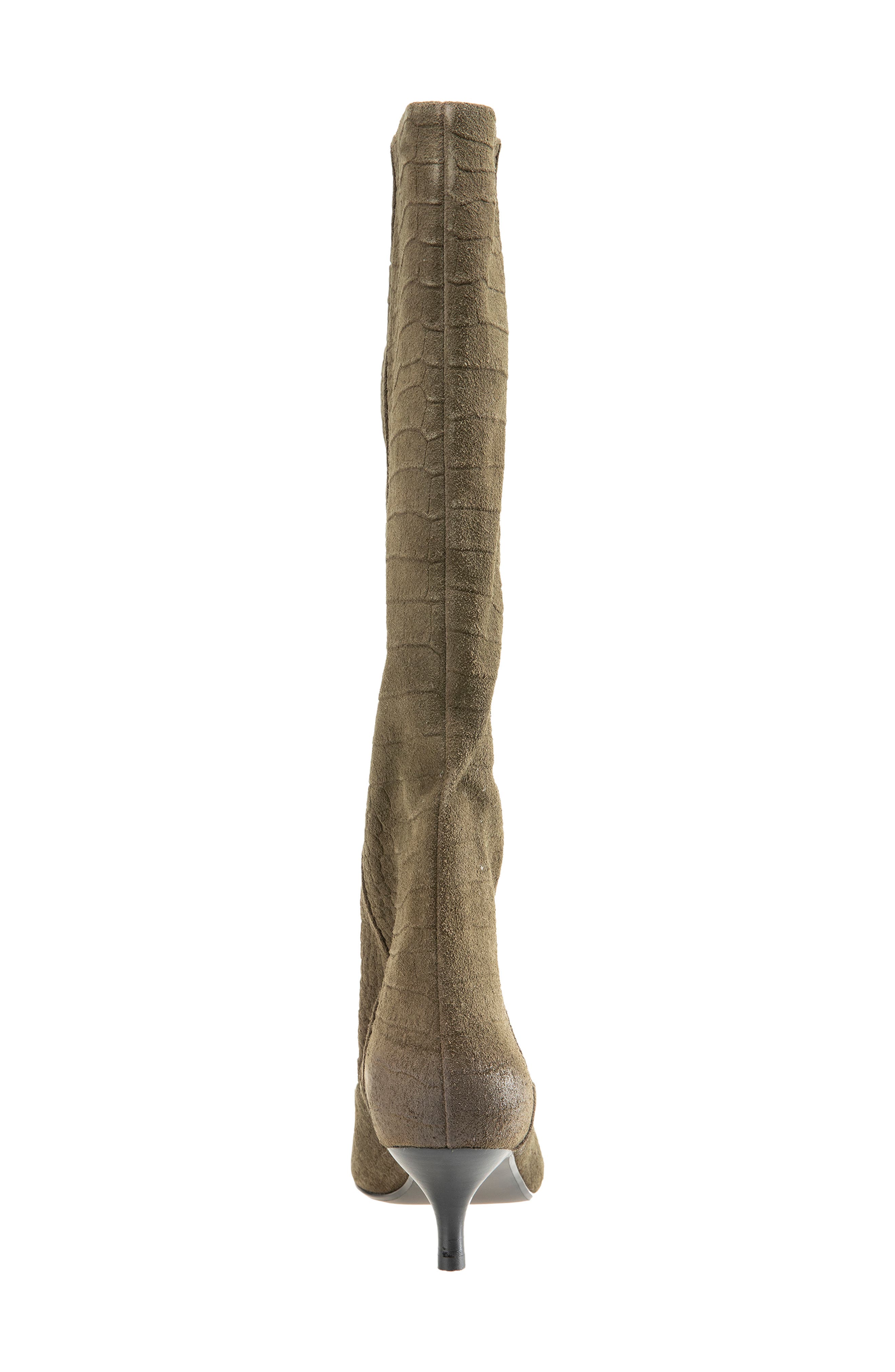 Brisbane Kitten Heel Pointed Toe Knee High Boot, Alternate, color, OLIVE EMBOSSED SUEDE