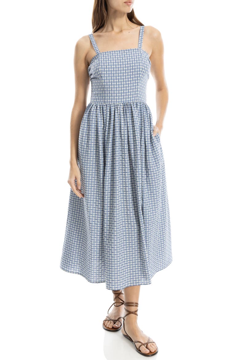 Plaid Dobby Fit & Flare Midi Sundress, Alternate, color, BLUE/ CREAM CHECK