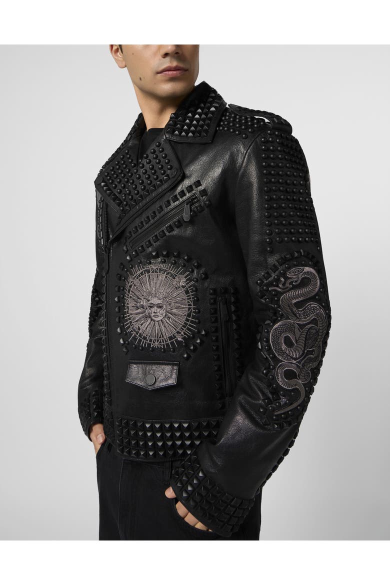Vintage Leather Biker Jacket Tattoo Patches &Amp; Studs Men, Alternate, color, black