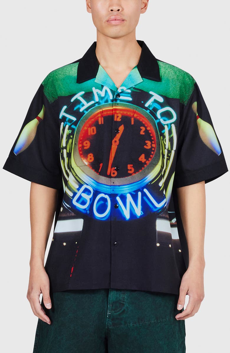 PLEASURES Time Bowling Camp Shirt, Main, color, Black