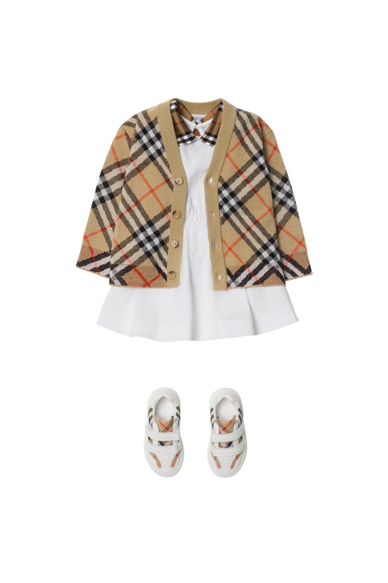 Girls' Check Wool Cardigan, Alternate, color, Sand beige